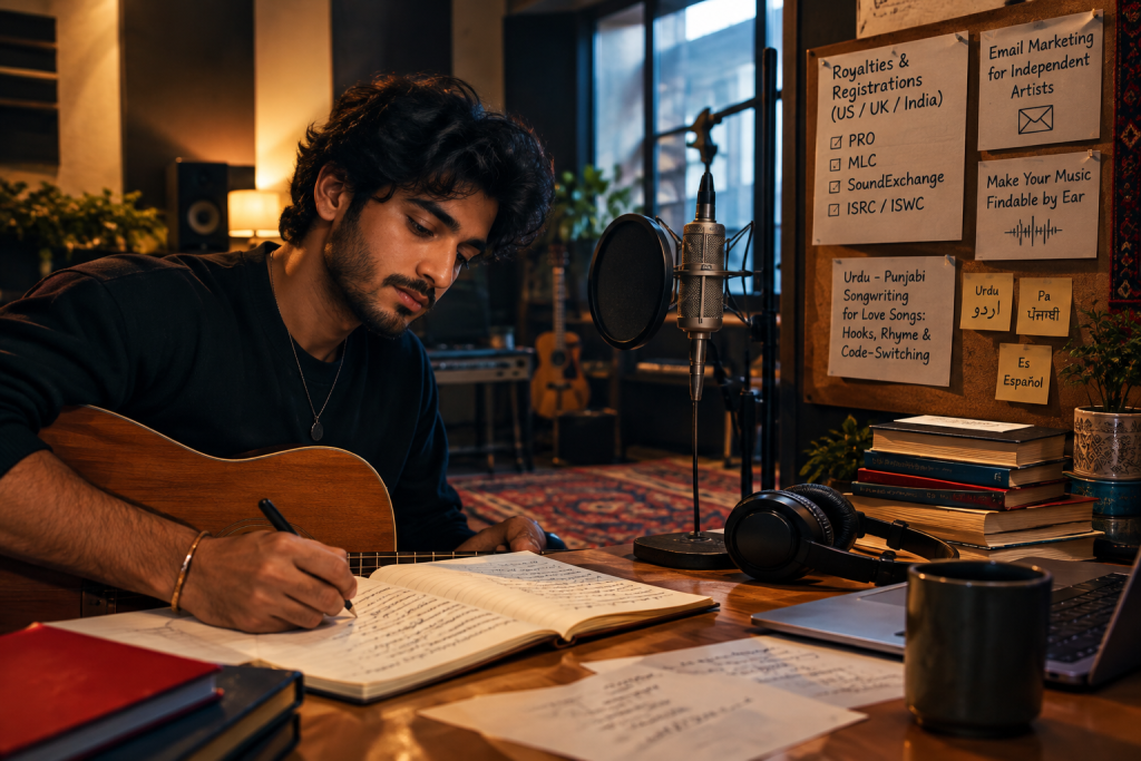 Musician in a recording room writing music and checking artist registration checklist.