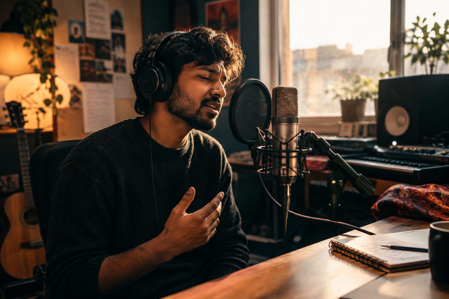 Bedroom producer singing into a microphone in a cozy recording room.