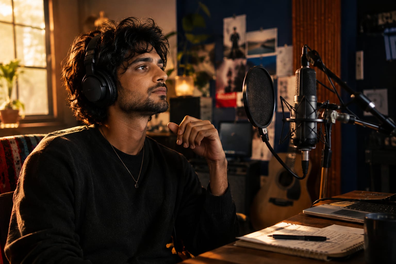 Musician in a cozy studio, recording vocals with a microphone.