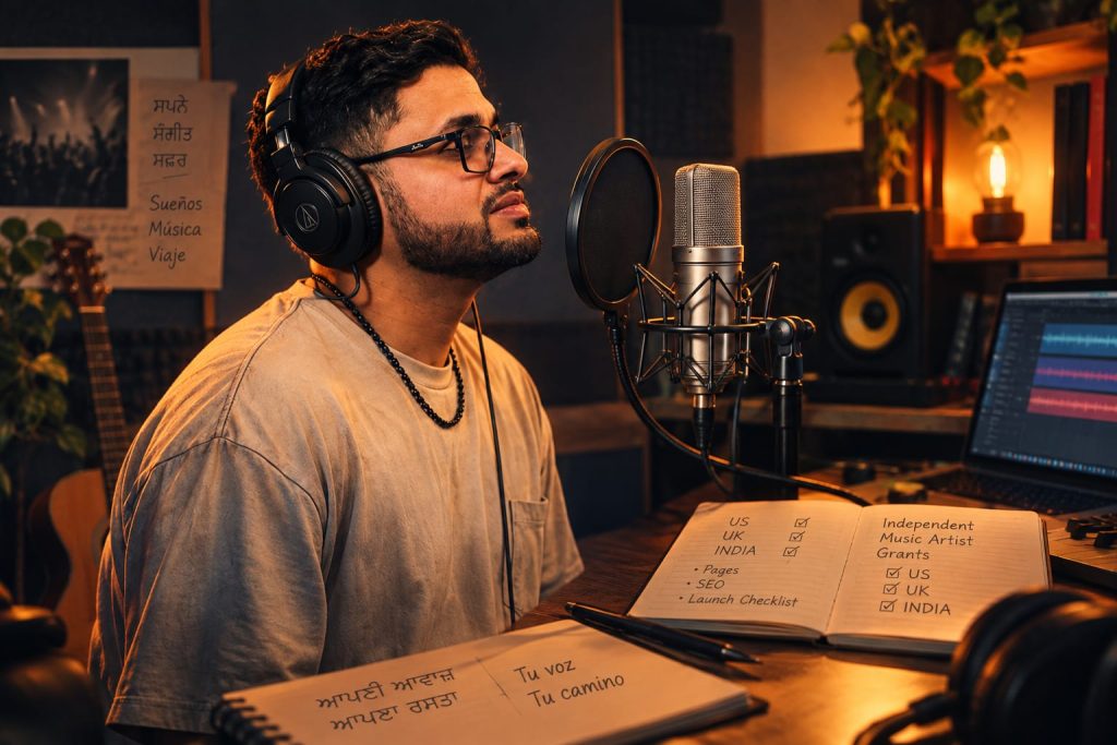 Musician in a recording room with notes on music grants and checklists.