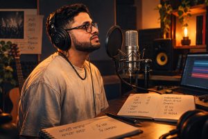 Musician in a recording room with notes on music grants and checklists.