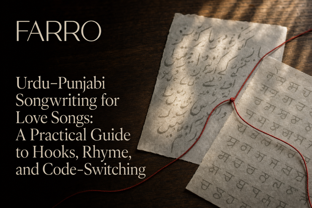 Overlapping translucent papers with blurred Urdu and Gurmukhi script fragments connected by a red thread on a wooden table in soft window light.