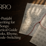 Overlapping translucent papers with blurred Urdu and Gurmukhi script fragments connected by a red thread on a wooden table in soft window light.