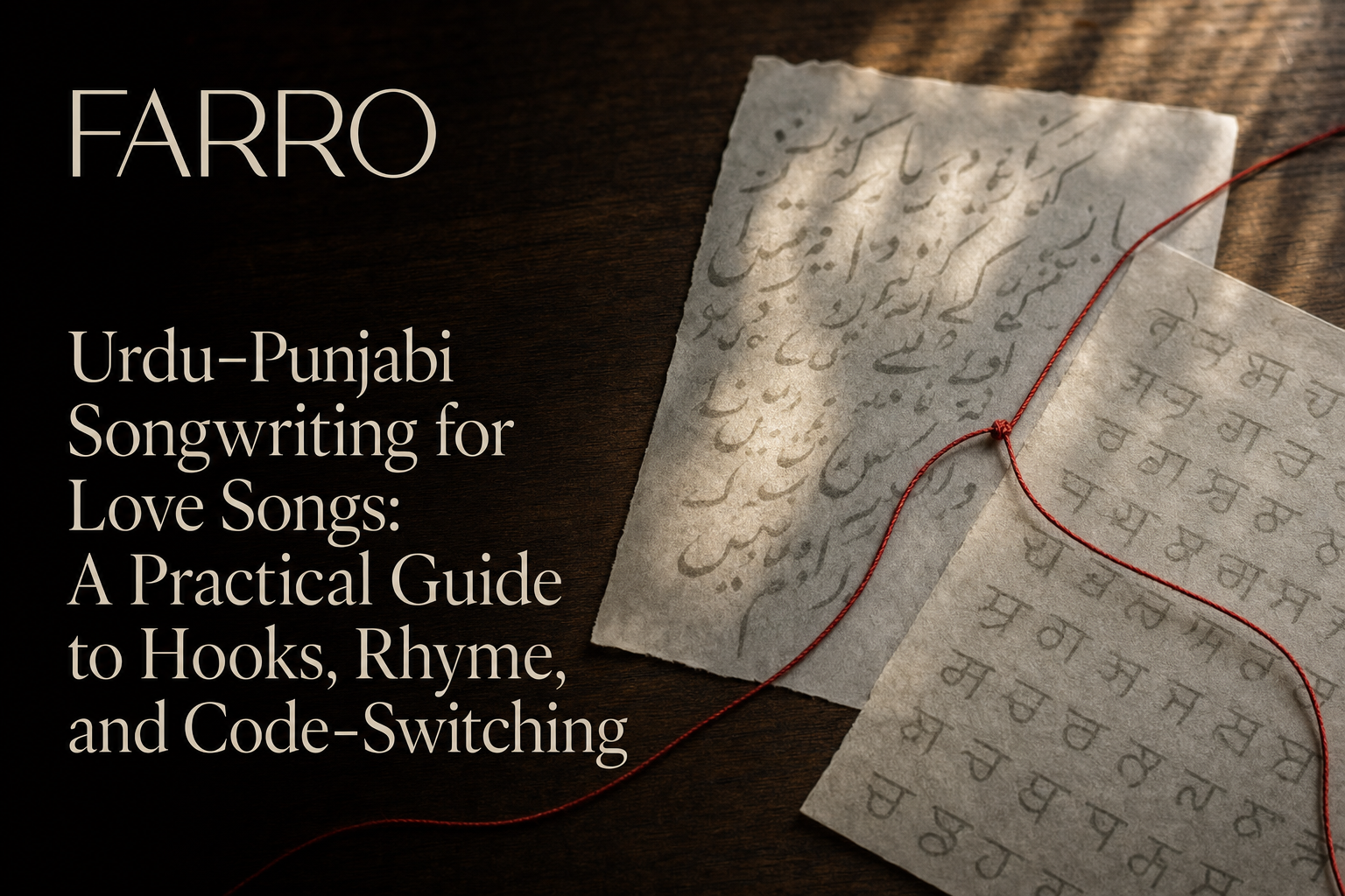 Overlapping translucent papers with blurred Urdu and Gurmukhi script fragments connected by a red thread on a wooden table in soft window light.