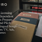 Color-coded folders labeled Masters, Stems, and Cutdowns on a glass table with a printed cue sheet and multilingual sticky notes in a dim edit suite.