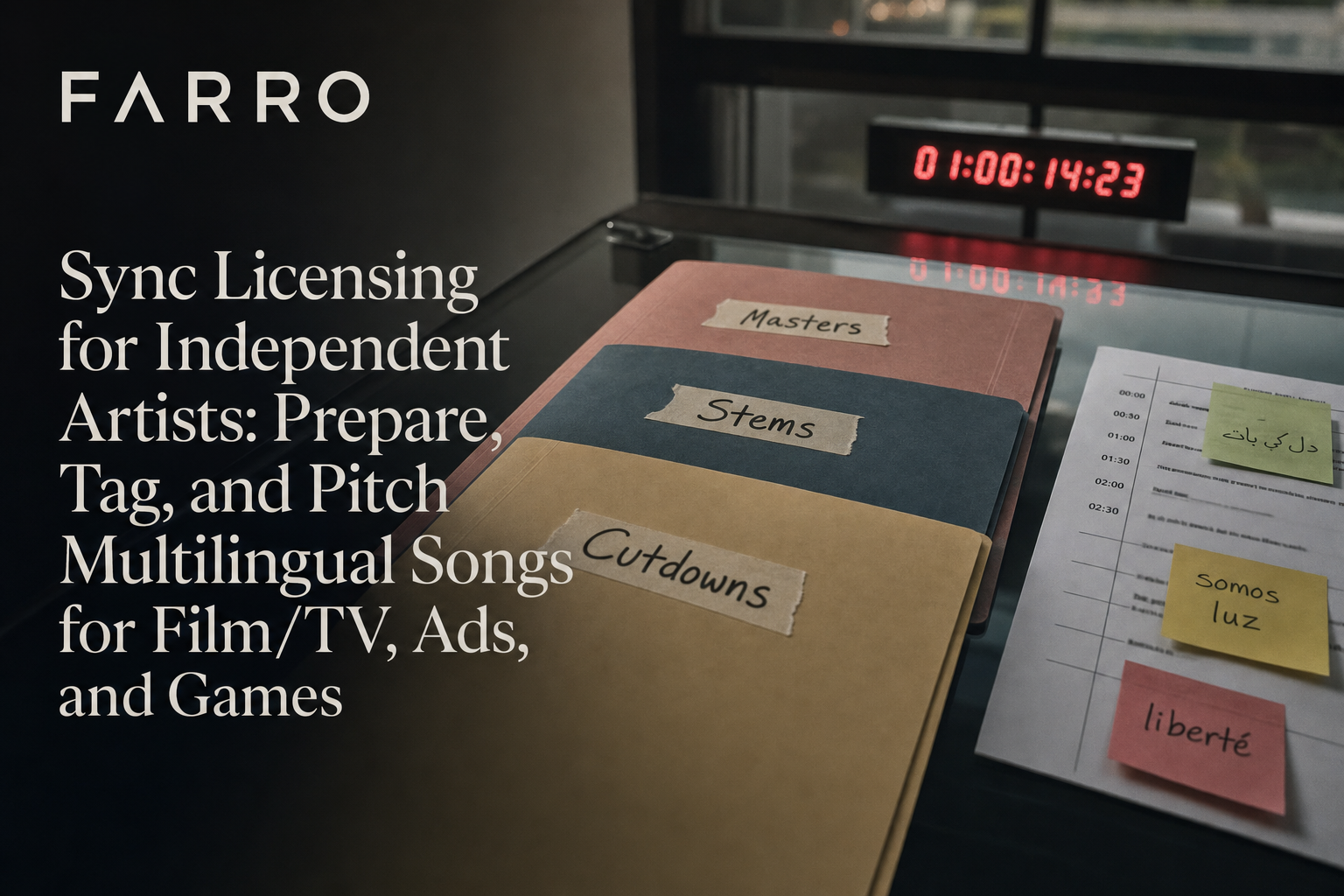 Color-coded folders labeled Masters, Stems, and Cutdowns on a glass table with a printed cue sheet and multilingual sticky notes in a dim edit suite.