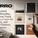 Hands aligning a grid of printed square cover designs on a studio wall under soft side light.