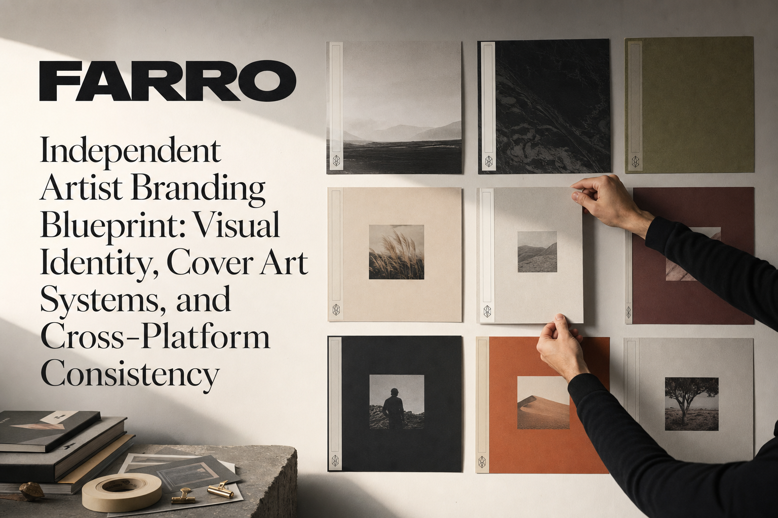 Hands aligning a grid of printed square cover designs on a studio wall under soft side light.