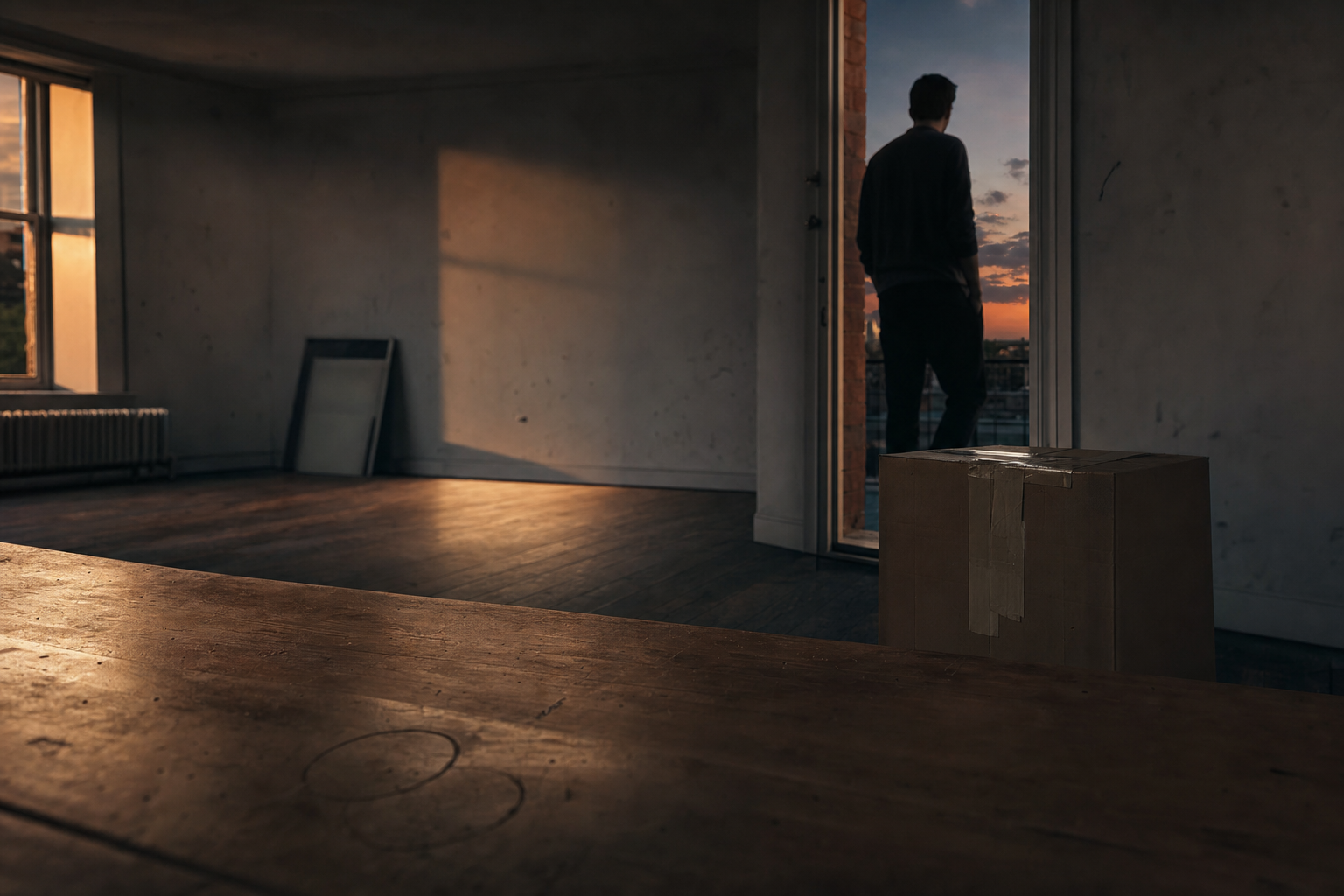 Two cup rings on a bare table in an empty room with a figure at the doorway.