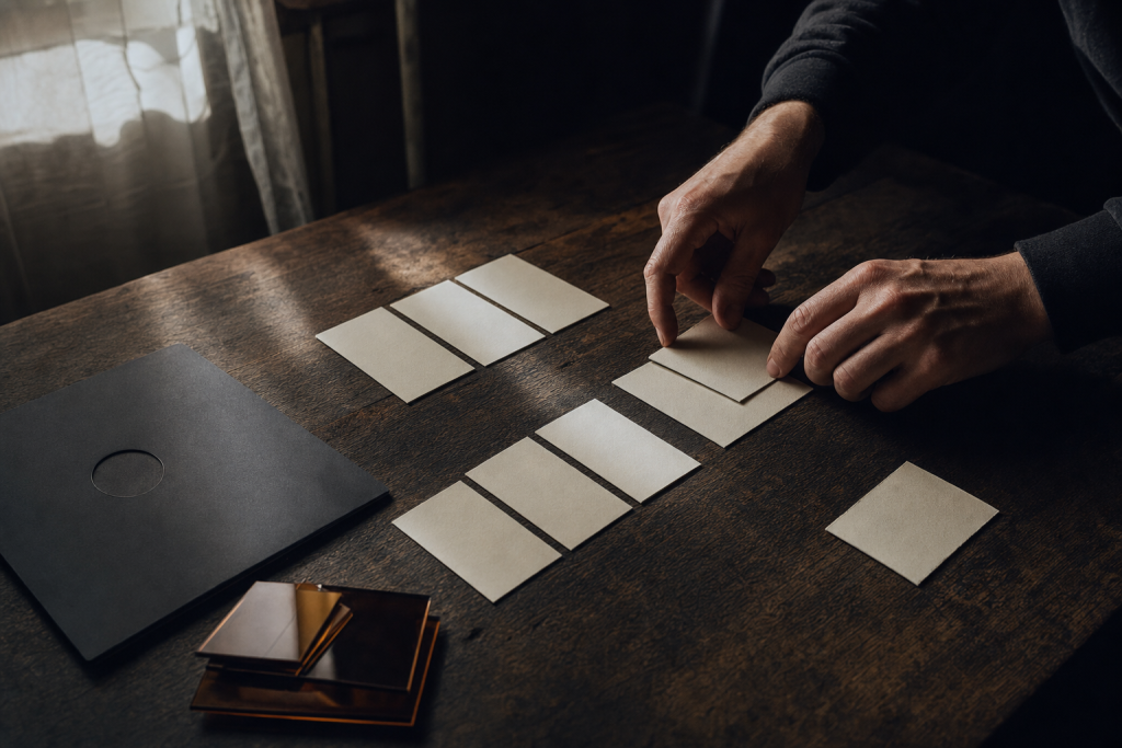 Hands arranging blank cards beside an unmarked record sleeve on a dark wooden table.