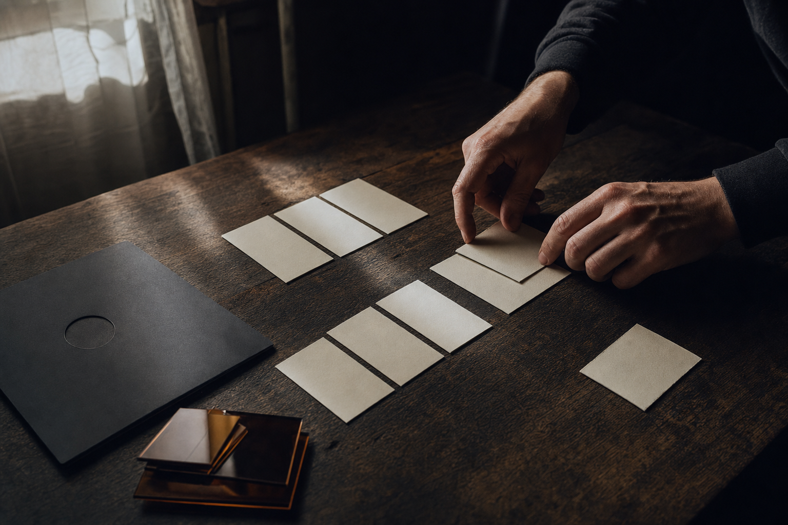 Hands arranging blank cards beside an unmarked record sleeve on a dark wooden table.