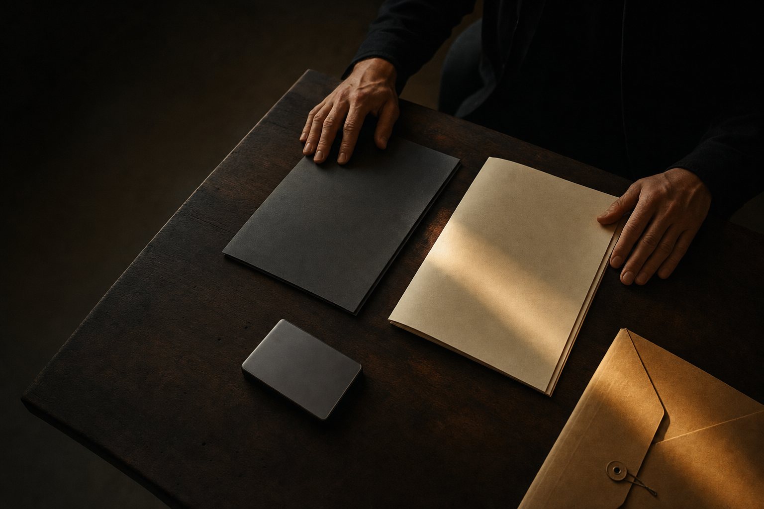 Hands comparing two unmarked contract folders on a dark wooden table.