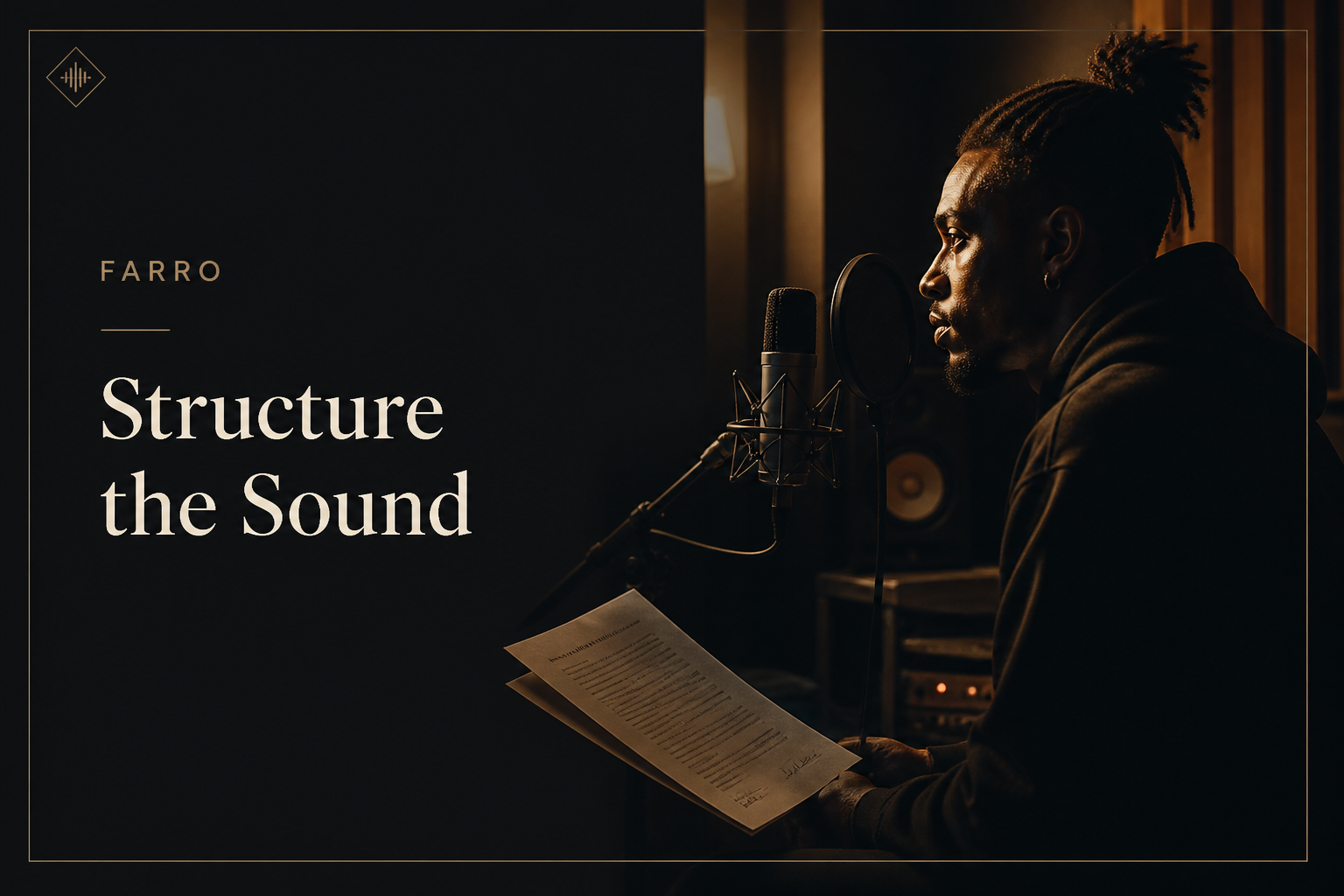 Independent artist in a dark studio beside a microphone and business documents