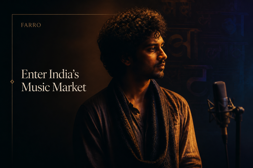 Independent artist in a dark studio with warm cinematic lighting and subtle South Asian music-inspired visual elements
