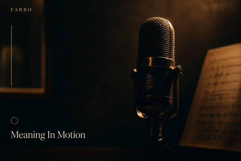 Vintage microphone in a dim recording room with warm light and blurred lyrics in the background