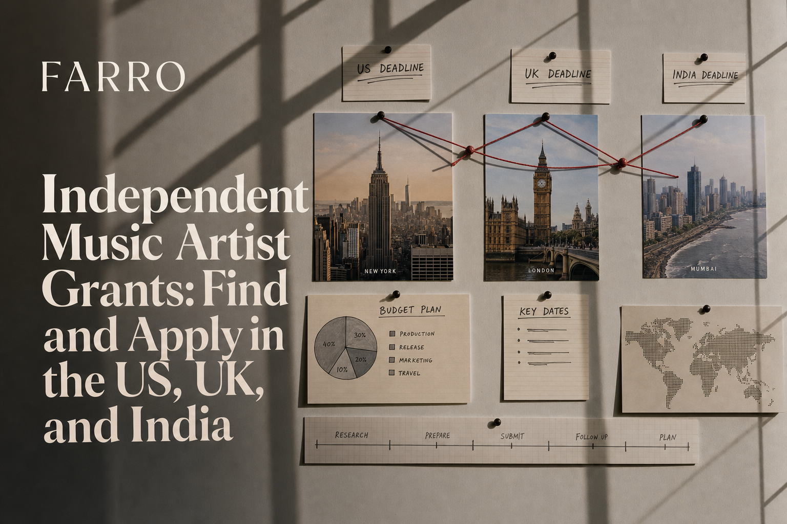Postcards of New York, London, and Mumbai pinned to a studio wall and linked by string beside budget and timeline notes.