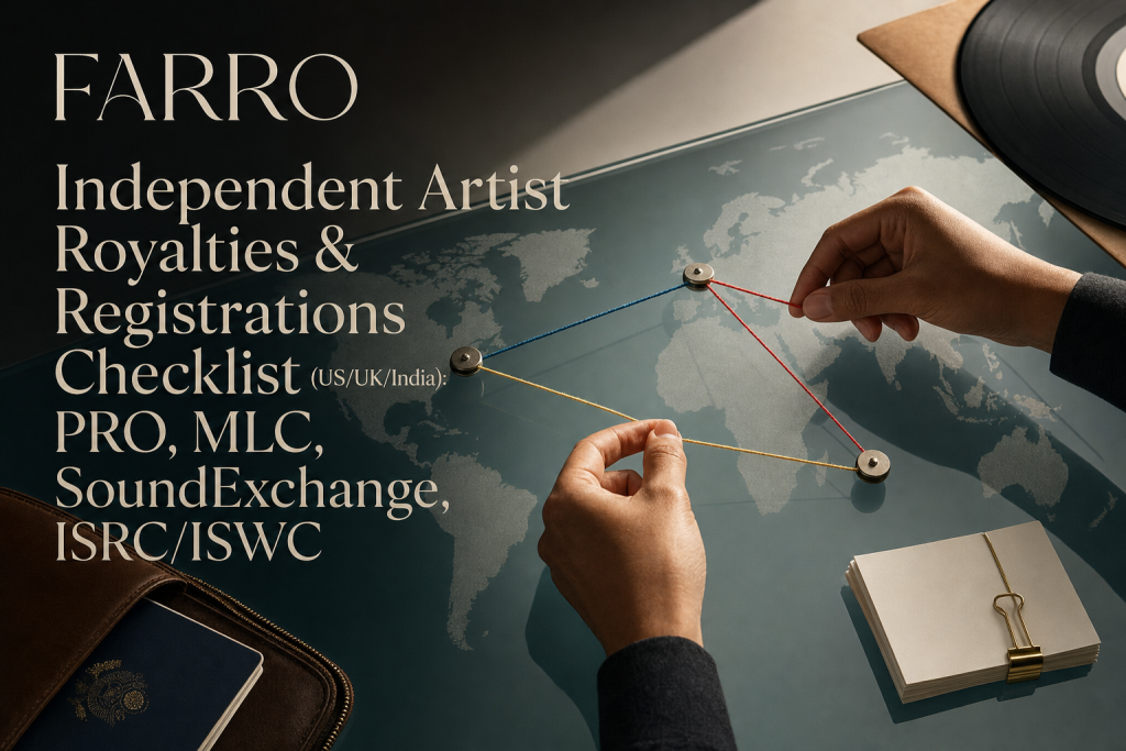 Hands connect color-coded threads across a world map on a glass table beside a passport and a vinyl sleeve.
