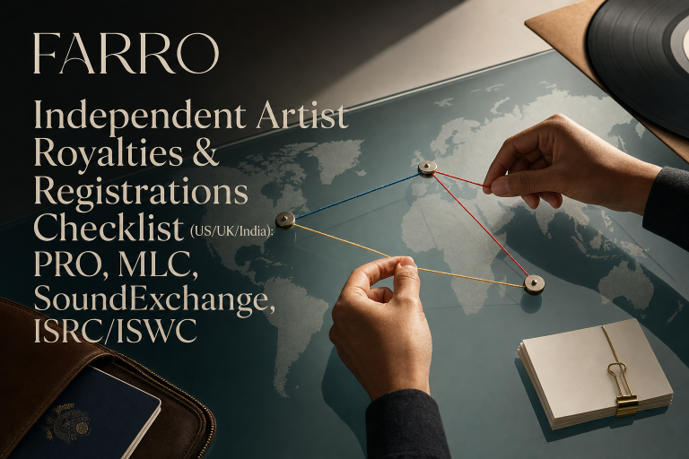 Hands connect color-coded threads across a world map on a glass table beside a passport and a vinyl sleeve.