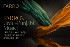 Two overlapping emerald and saffron silk scarves lit softly against a dark background, symbolizing Urdu–Punjabi fusion.