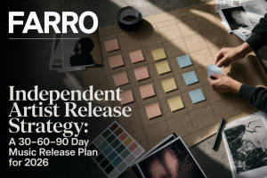 Overhead photo of hands arranging blank sticky notes on a kraft‑paper calendar beside cover art prints and color swatches.
