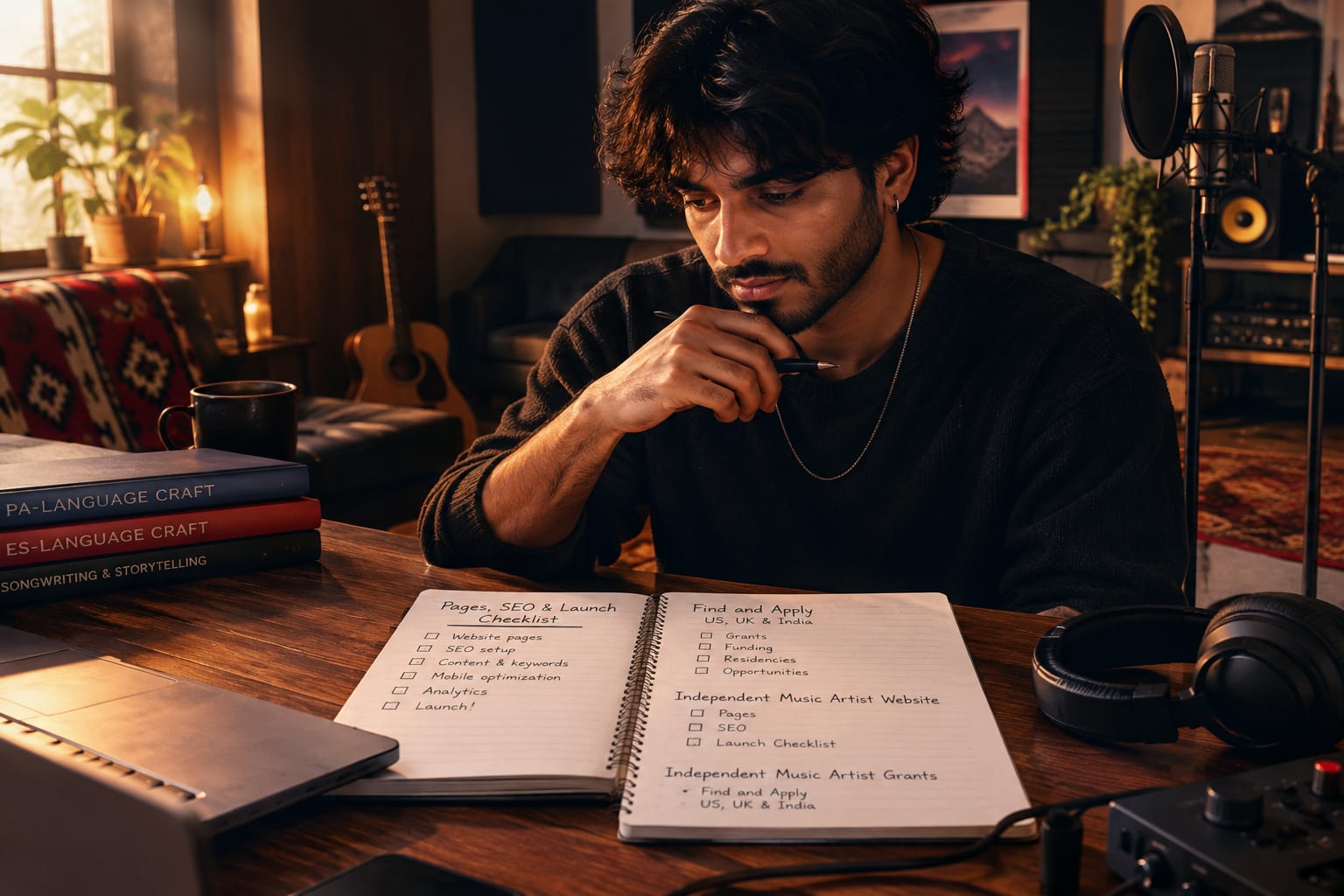 Man with checklist in intimate recording room focused on music artist grants.