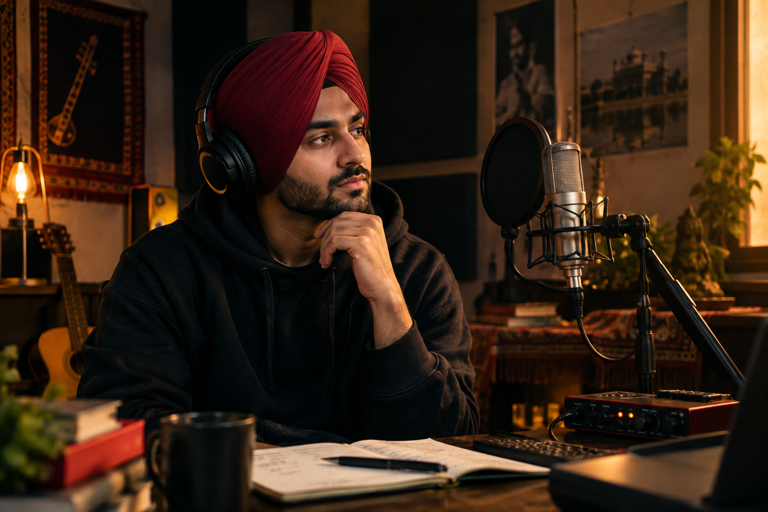 Punjabi artist in a cozy recording room, preparing for vocal recording.