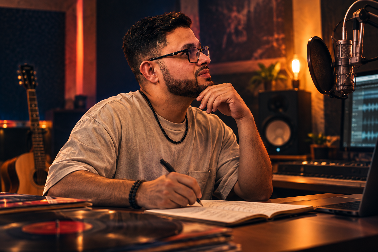 Musician in a recording room, writing notes with instruments around.