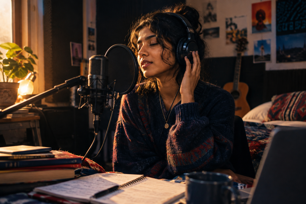 Vocalist in cozy room with headphones, microphone, and recording setup.