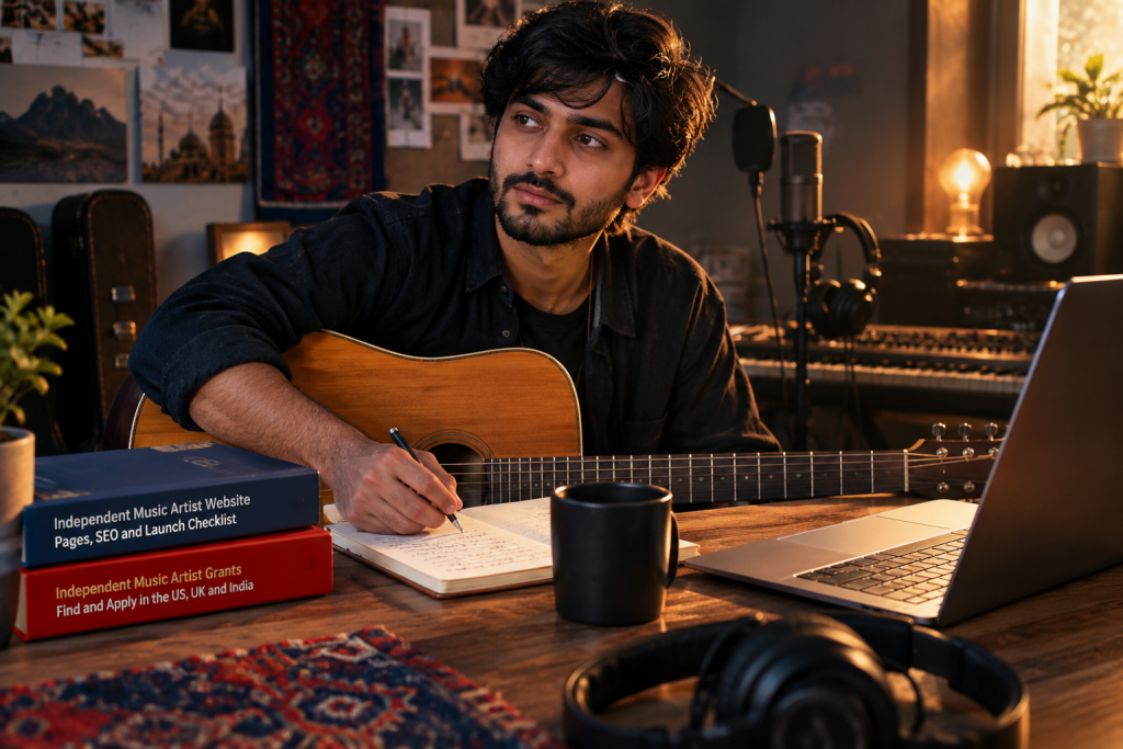 Musician writing in a recording room with guitar and laptop.