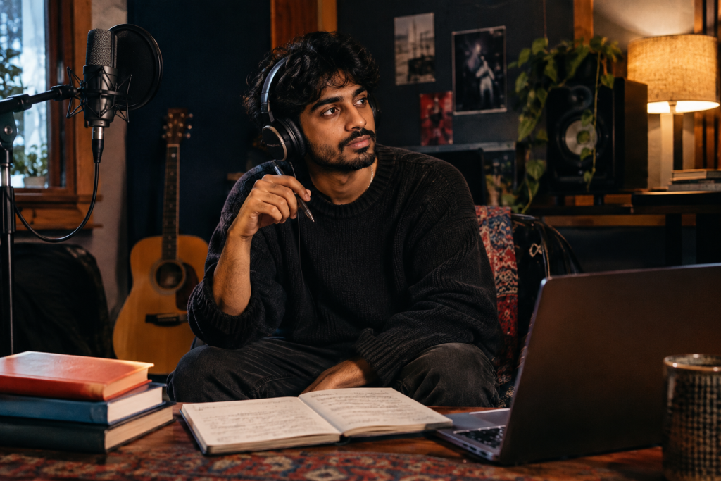Musician in a recording room with instruments and music sheets.