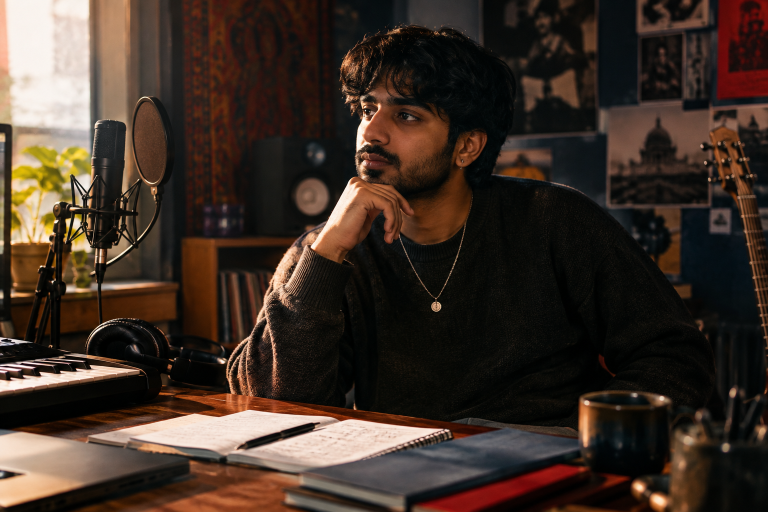 South Asian artist in a cozy recording room, deep in thought.