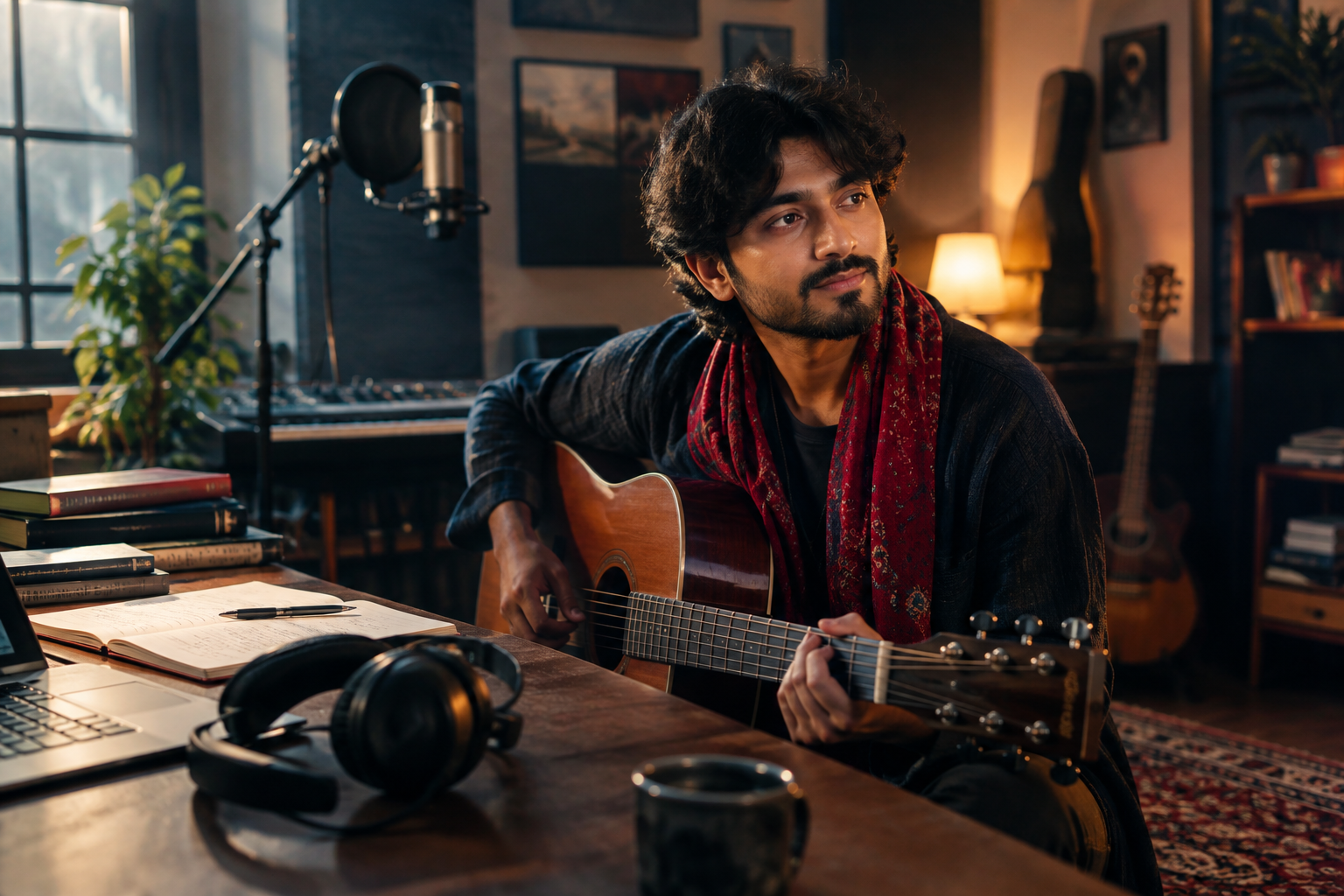 South Asian musician in a cozy recording space with a guitar.